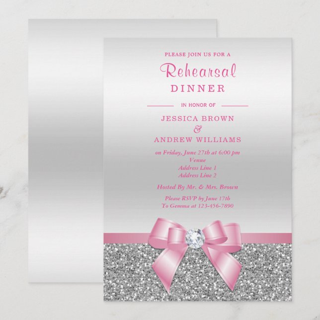 Romantischer Rosa Bow Silver Glitzer Probe Abendes Einladung (Vorne/Hinten)