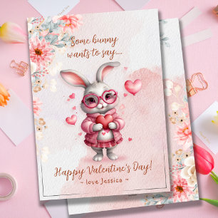 Romantischer rosa Bunny & Hearts Valentinstag Feiertagskarte
