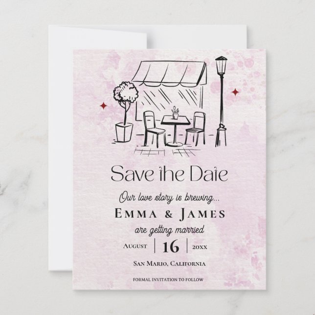 Romantischer Rosa Café-Innenhof-Hochzeit Save-the- (Vorderseite)