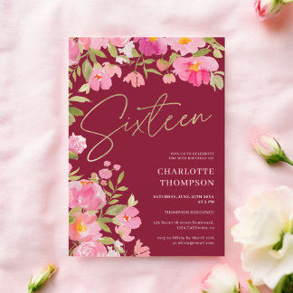 Romantischer, rosa, floralbordeauxrot Süß 16 Einladung