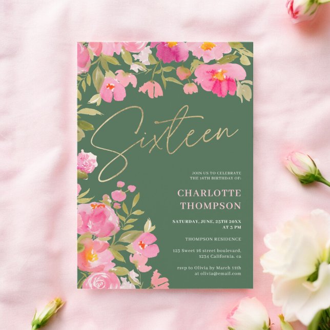 Romantischer, rosa, florgrün Süß 16 Einladung (Romantic Painted Pink Floral green Sweet 16 Invitation)