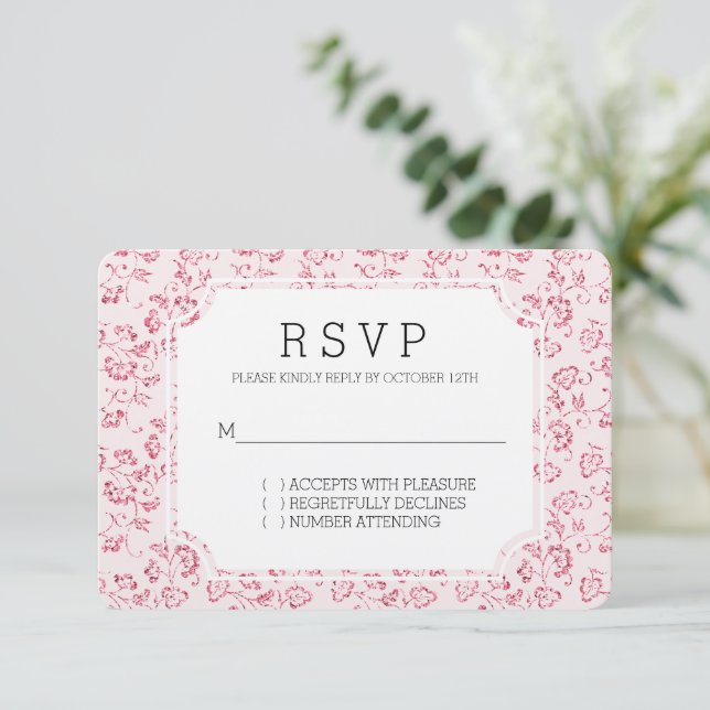 Romantischer Rosa Glitzer Bloral Wedding RSVP Karte (Stehend Vorderseite)