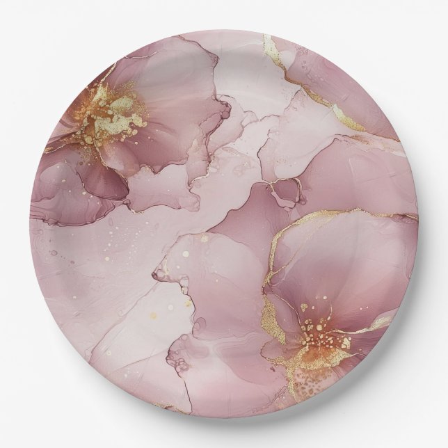 Romantischer Rosa Rosa Gold Floral Geburtstag Pappteller (Vorderseite)