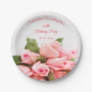 Romantischer rosa Rosen-Blumenstrauß-Geburtstag Pappteller