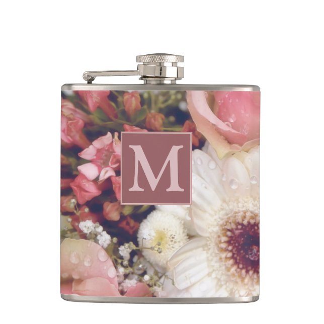 Romantischer rosa Rosen Blumenstrauß Monogramm Flachmann (Vorderseite)