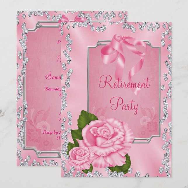 Romantischer rosa Rosen- u. Bogenruhestand Einladung (Vorne/Hinten)