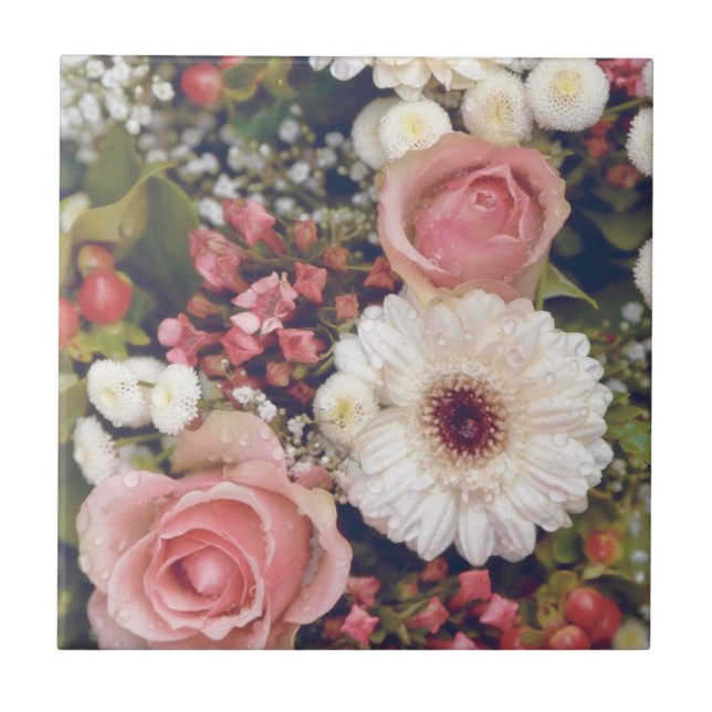 Romantischer rosa Rosenblumenstrauß Fliese (Vorderseite)