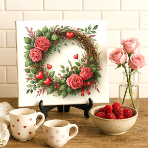 Romantischer rosa Rosenkranz mit roten Herzen  Fliese