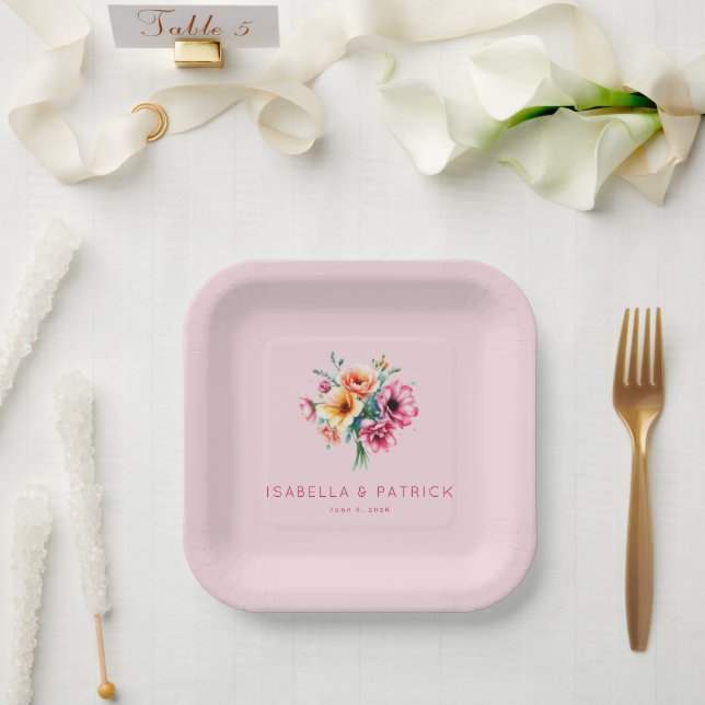 Romantischer rosa Wasserfarben-Blumenstrauß Pappteller (Hochzeit)