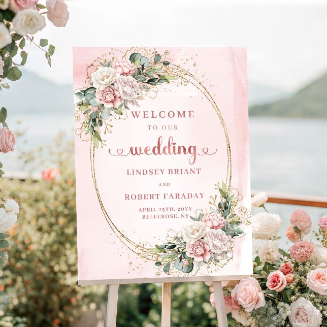 Romantischer Roségold Hellrosa Hochzeitsempfang Poster (Romantic Rose Gold Light Pink Wedding Welcome)