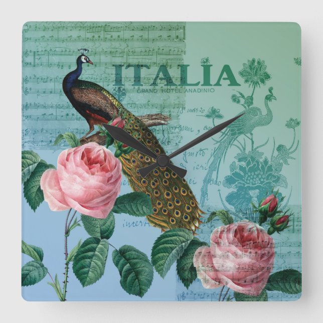 Romantischer Rosen-Musical-Pfau Quadratische Wanduhr (Vorderseite)