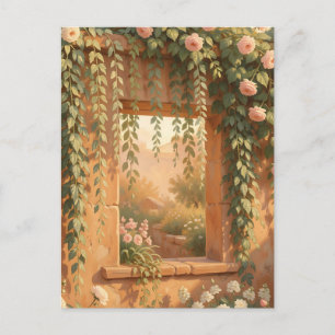 Romantischer Rosengarten mit steinerner Fensterumr Postkarte