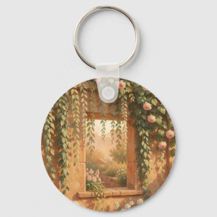 Romantischer Rosengarten mit steinerner Fensterumr Schlüsselanhänger