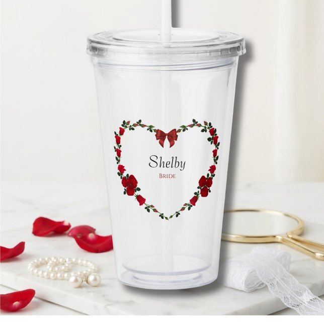 Romantischer roter Rosen Braut-Acrylbecher Acryltrinkbecher (Personalized Bride Tumbler with Romantic Red Rose Heart Wreath for Wedding Morning)
