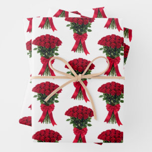 Romantischer roter Rosenblumenstrauß Geschenkpapier Set