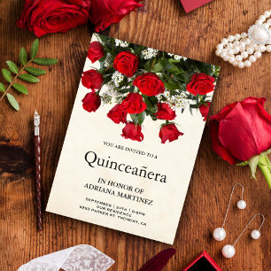 Romantischer roter Rosenstrauß Bouquet Quinceanera Einladung