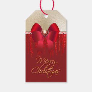 Romantischer roter Satin-Bogen auf Gold Weihnachte Geschenkanhänger