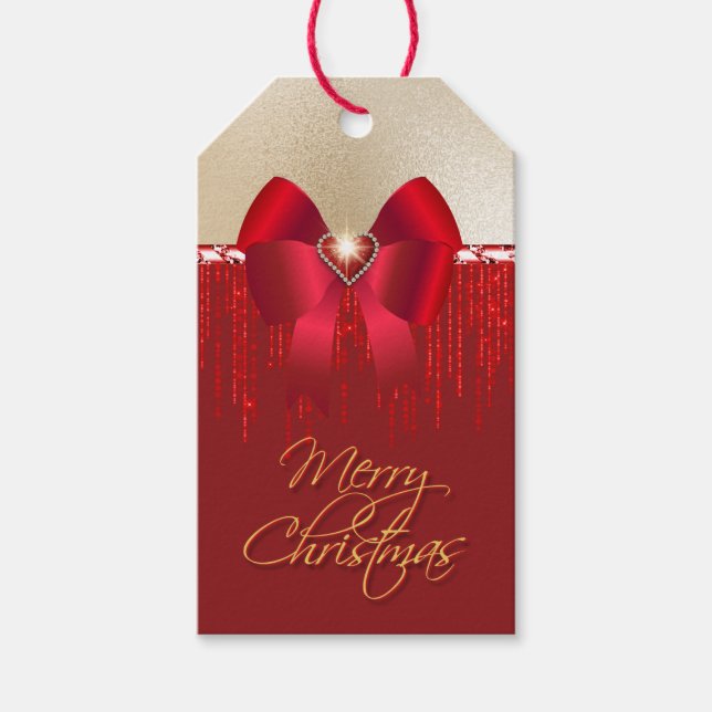 Romantischer roter Satin-Bogen auf Gold Weihnachte Geschenkanhänger (Vorderseite)