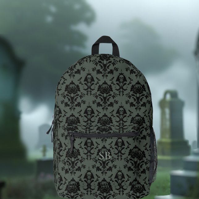 Romantischer Rucksack mit Rose und Schädel (Dramatic and dark damask pattern backpack with space for your initials. )