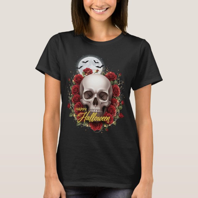 Romantischer Schädel und Rose Halloween T-Shirt (Vorderseite)