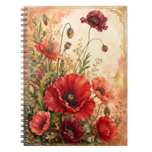 Romantischer Scharlachroter Mohn-Garten Aquarell Notizblock