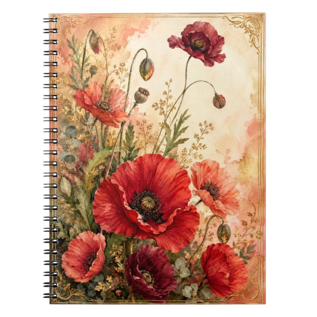 Romantischer Scharlachroter Mohn-Garten Aquarell Notizblock (Vorderseite)