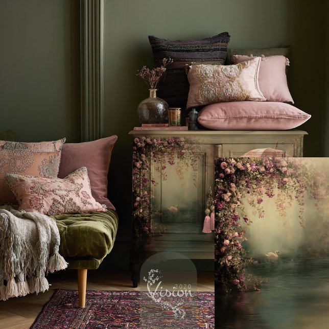 Romantischer Schwanensee Ätherische hängende Blüte Seidenpapier (Romantic Swan Lake, Vintage Swan and Ethereal Floral, Muted green & Mauve Plum, Decoupage.)