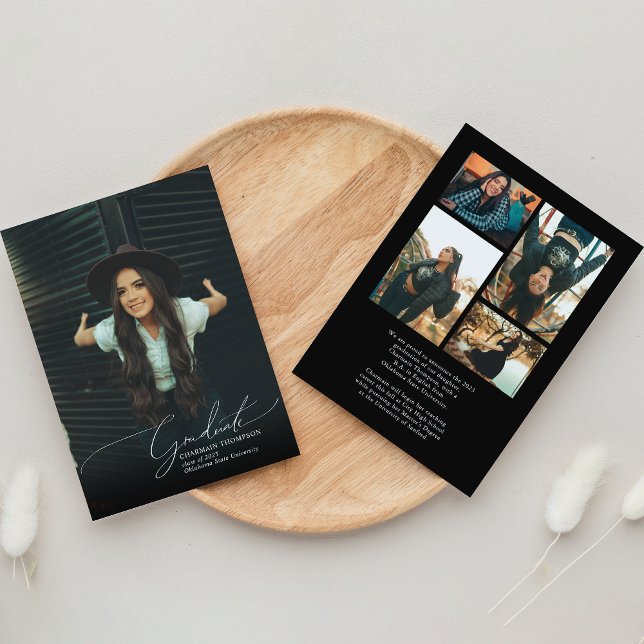 Romantischer Script Black Foto Collage Abschluss Ankündigung (Von Creator hochgeladen)