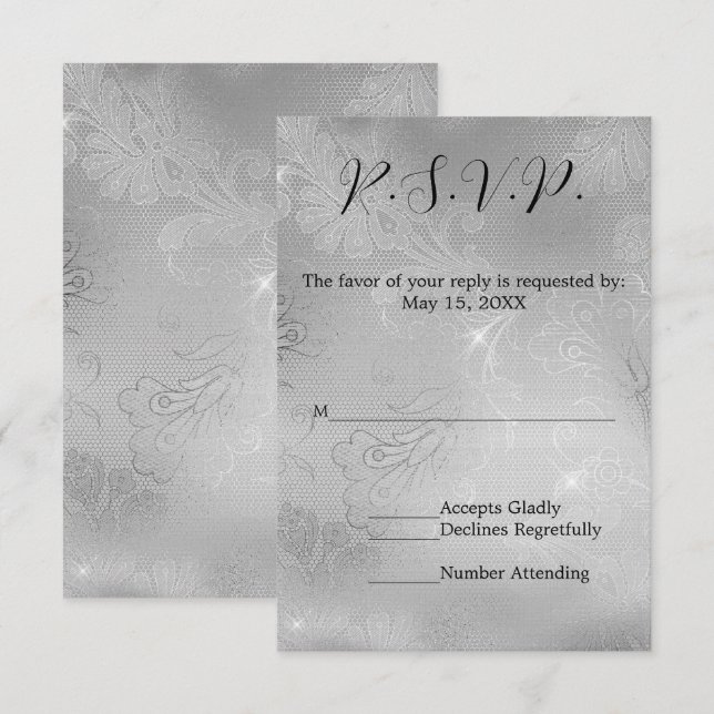Romantischer Silberlace Wedding RSVP Karte (Vorne/Hinten)