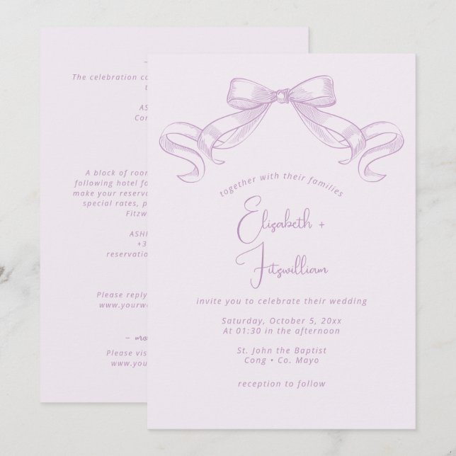 Romantischer Sketched Bow | Lilac Front + Back Wed Einladung (Vorne/Hinten)