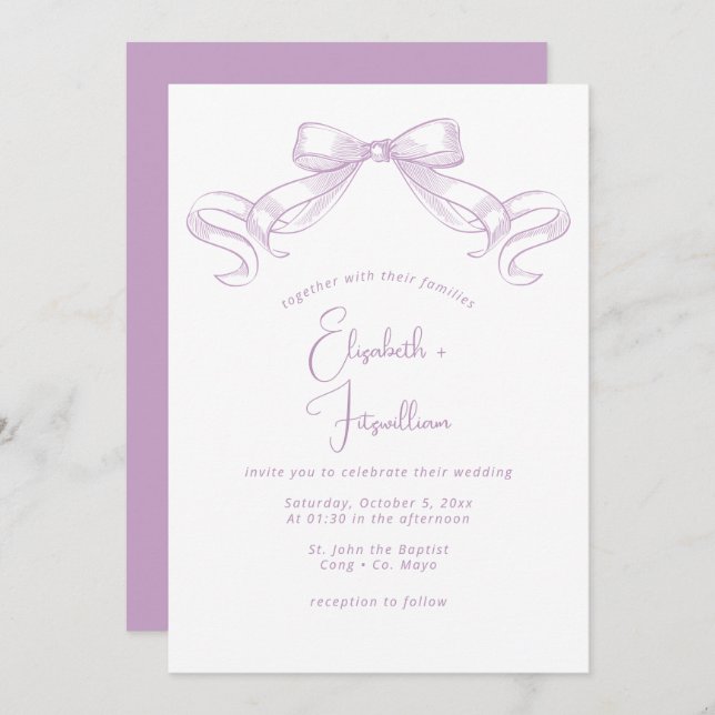 Romantischer Sketched Bow | Lilac Front + Back Wed Einladung (Vorne/Hinten)