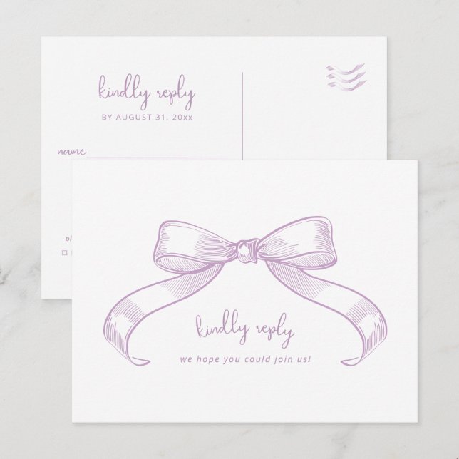 Romantischer Sketched Bow | Lilac Meal Choice Wedd Postkarte (Vorne/Hinten)