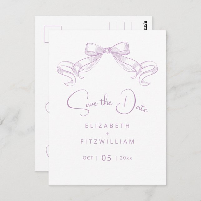 Romantischer Sketched Bow | Lilac Save the Date Postkarte (Vorne/Hinten)