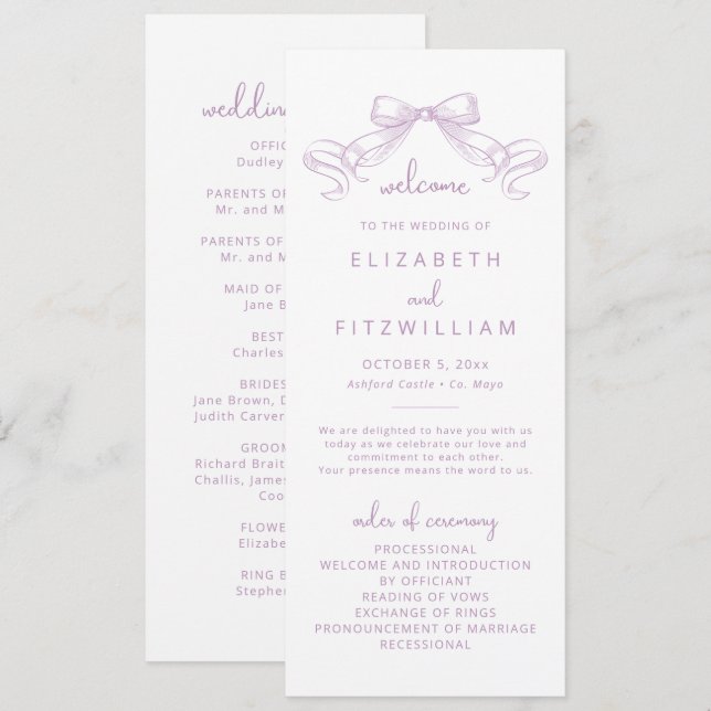 Romantischer Sketched Bow | Lilac Wedding Programm (Vorne/Hinten)
