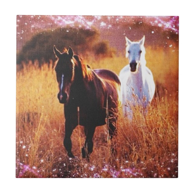 Romantischer Sonnenuntergang Western Galloping Hor Fliese (Vorderseite)
