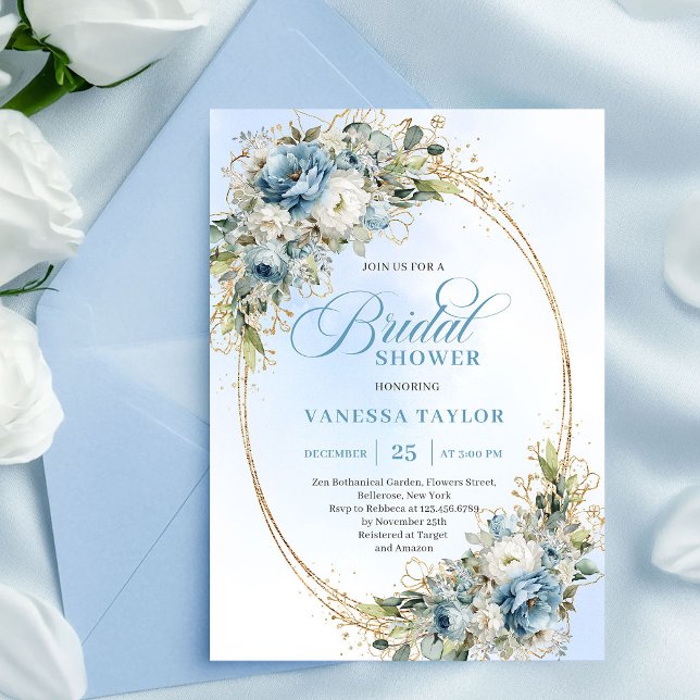 Romantischer staubblauer Eukalyptus-Gold-Polterabe Einladung (Romantic Dusty Blue Eucalyptus Gold Bridal Shower Invite)