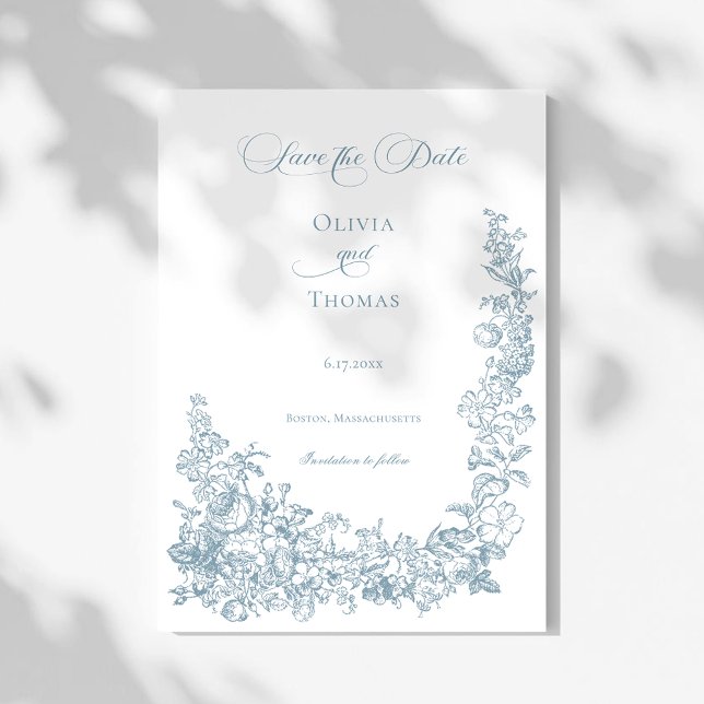 Romantischer staubblauer Line-Art-Blumenhochzeit Save The Date (Von Creator hochgeladen)