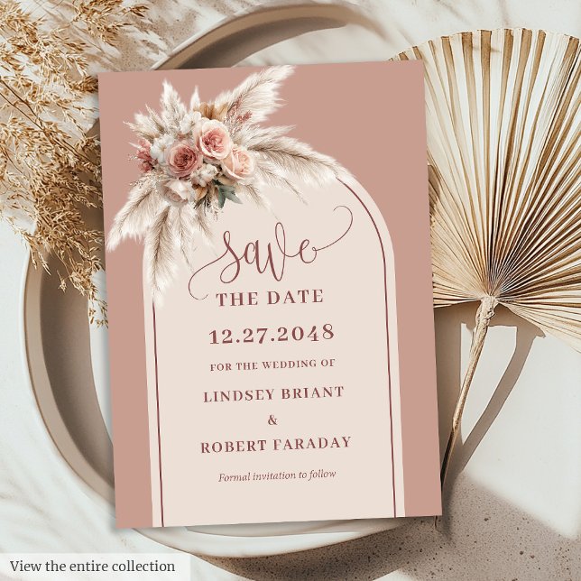 Romantischer staubiger rosa Pampasgras-Bogen Save  Einladung (Romantic Dusty Pink Pampas Grass Arch Save the Date)