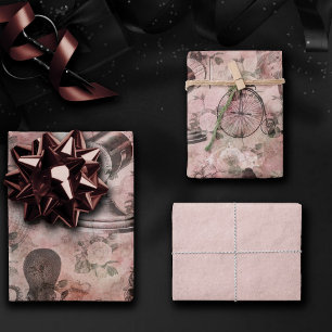 Romantischer Steampunk   Antikes Vintages Ephemera Geschenkpapier Set