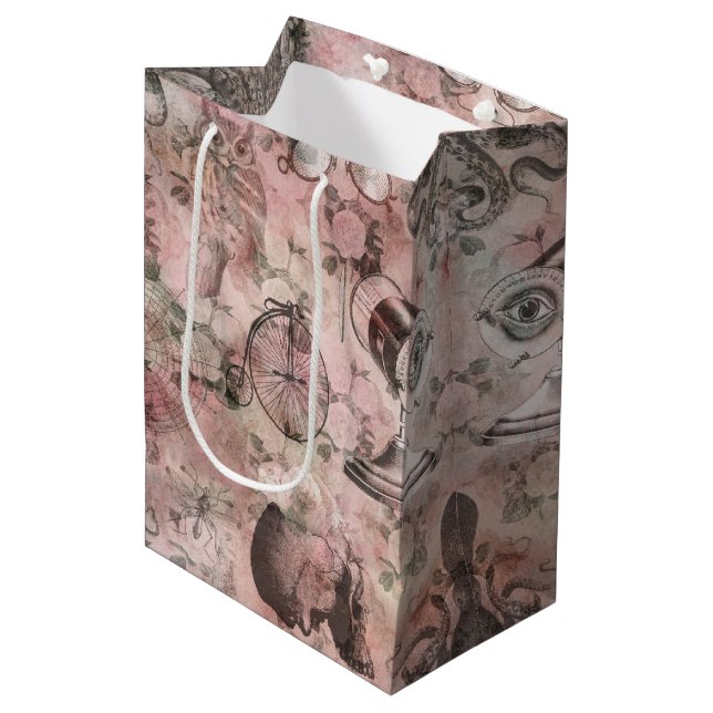Romantischer Steampunk | Antikes Vintages Ephemera Mittlere Geschenktüte (Vorderseite Schrägansicht)