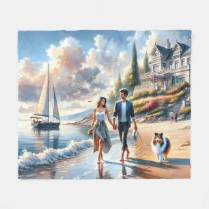 Romantischer Strandhaus-Sonnenuntergangsspaziergan Fleecedecke