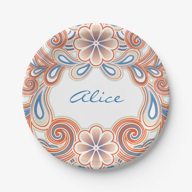 Romantischer Teller mit vintage-orangen Blumen (Vorderseite)