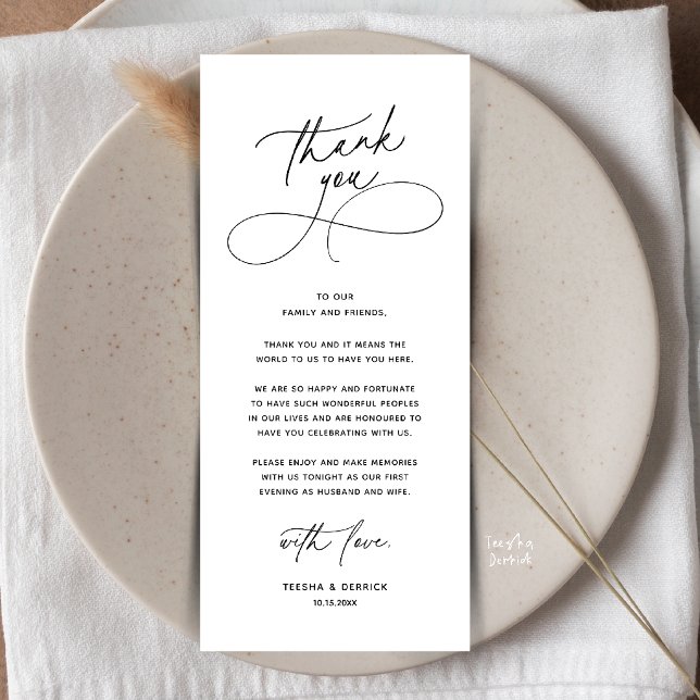 Romantischer Tisch für ein Abendessen zu zweit Dan Programm (Romantic Wedding Place Setting Thank You Card in Black and white)