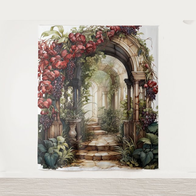 Romantischer Torbogen-Hochzeitskulisse Wandteppich (Vorderseite)