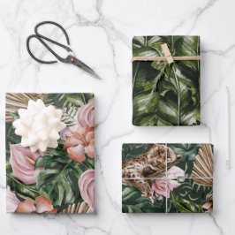 Romantischer tropischer Leopard Blütenweiche Rosa Geschenkpapier Set