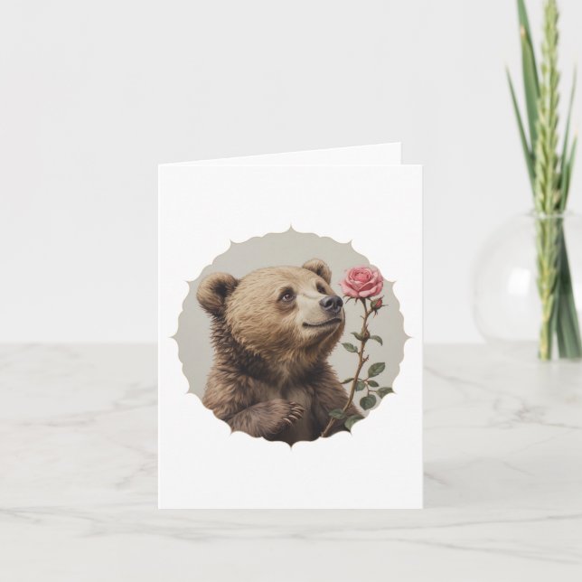 Romantischer und inspirierender Bär mit Rose Karte (Vorderseite)