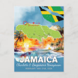 Romantischer Urlaub auf Honeymoon Jamaica Insel Ka Postkarte<br><div class="desc">Genießen Sie eine kleine Erinnerung Ihres romantischen Flitterwochenurlaubs auf der Karibikinsel Jamaika mit dieser individuell gestaltbaren Postkarte, die mit der Inselkarte, tropischen Strandszenen und Sonnenuntergängen und einem Aquarellbild im Ozean besticht. Passen Sie mit Ihren eigenen Namen und Ihren Flitterwochendaten an. Sie können auch mit dem Design-Tool bearbeiten, um den roten...</div>