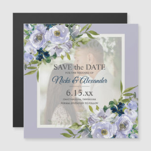 Romantischer verstaubter blau-weißer Blumen- Foto- Magneteinladung