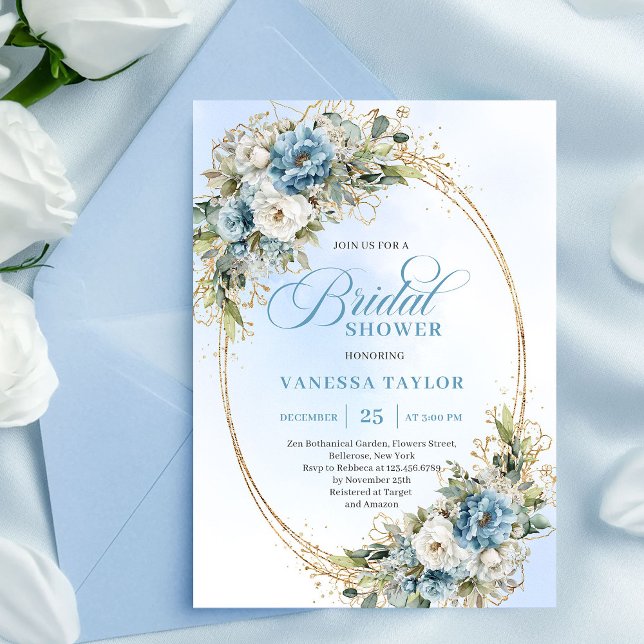 Romantischer verstaubter blauer Blumenstrauß Eukal Einladung (Romantic Dusty Blue Floral Eucalyptus Bridal Shower Invite)