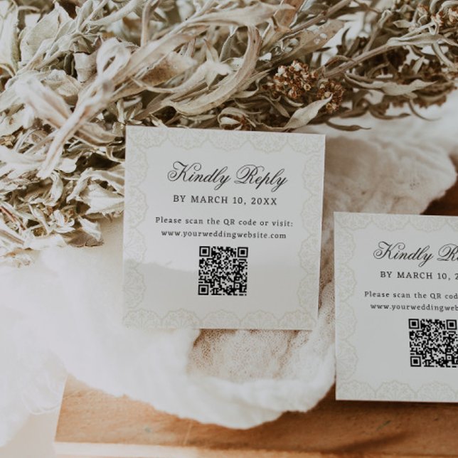 Romantischer Vintage-Spitzenrahmen QR-Code Hochzei Begleitkarte (Von Creator hochgeladen)